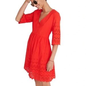MADEWELL Bright Poppy Red Eyelet Lattice Dress Knee Length